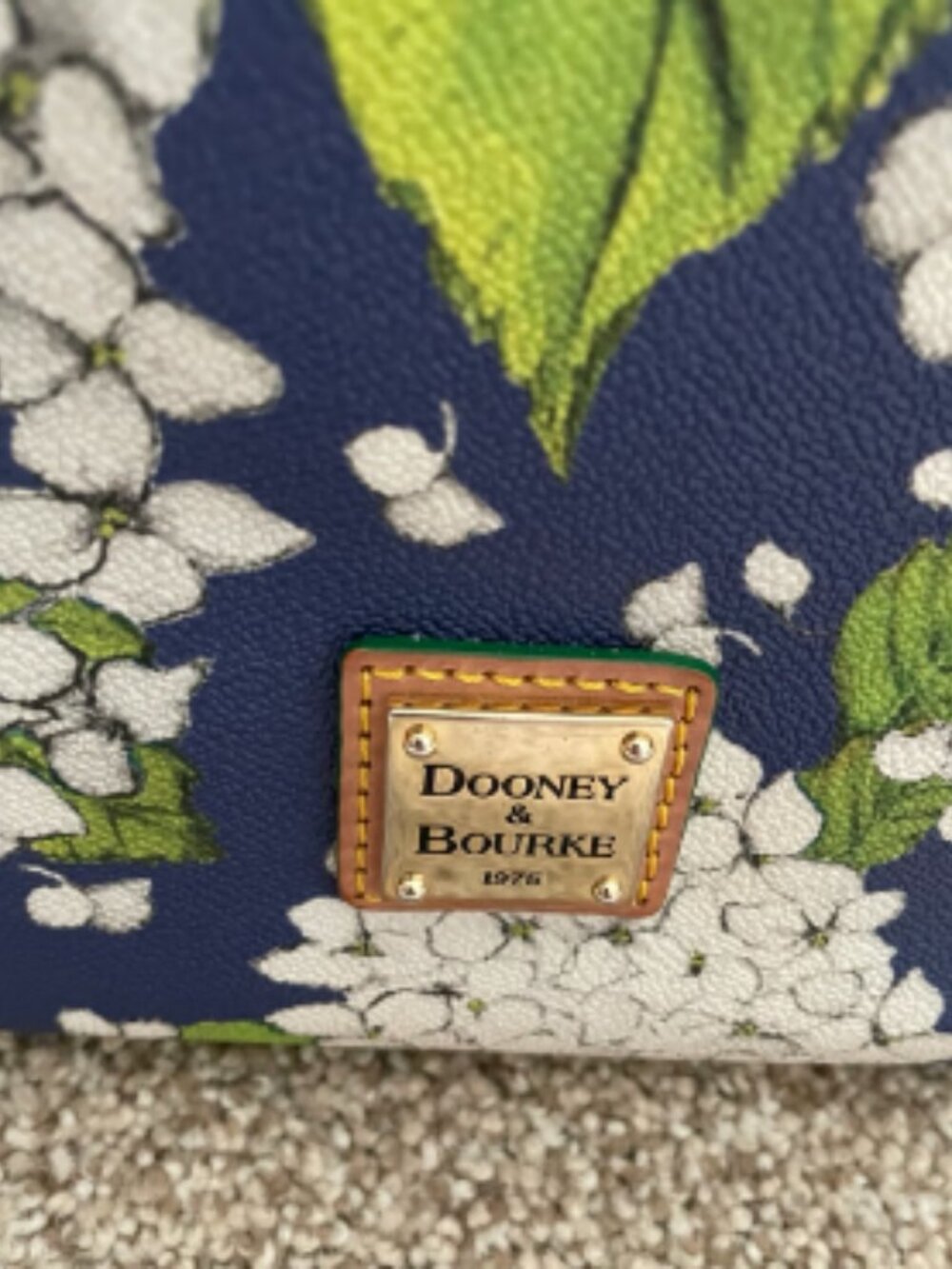 Dooney & Bourke Blue Floral Satchel with Brown Leather Trim - Picture 2 of 4
